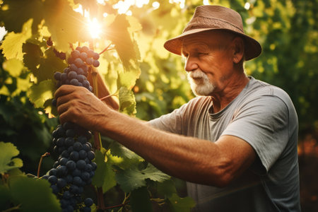 Senior worker picking ripe grapes in home vineyard. Generative Aiの素材