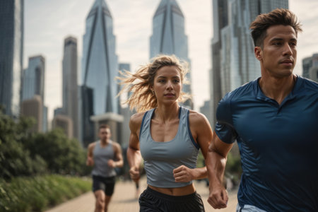 Couple running on an urban trail with skyscrapers in the background, symbolizing the fusion of city life and fitness. Generative Aiの素材