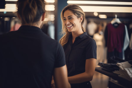 A helpful store assistant assisting the woman in the fitting room. Generative AIの素材