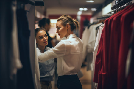 A helpful store assistant assisting the woman in the fitting room. Generative AIの素材