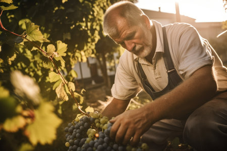 Senior worker picking ripe grapes in home vineyard. Generative Aiの素材