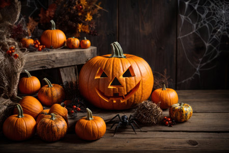 Happy halloween with pumpkins and spiders, decoration on rustic weathered wooden fence plank background with copy paste. Generative Aiの素材