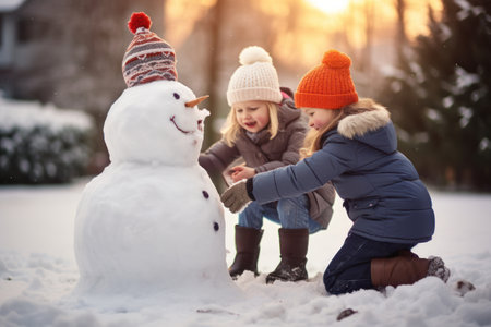 Children building a snowman in their front yard, reflecting the innocence and fun of winter holidays. Generative Aiの素材