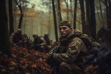 Soldiers in autumn camouflage uniforms in a forest, showing military readiness. Generative Aiの素材