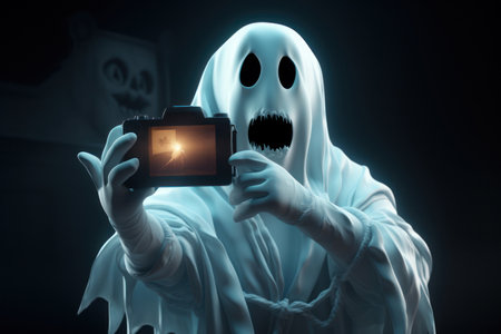 A comical ghost taking a selfie with a humorous expression, combining modern technology with a classic Halloween character. Generative AIの素材