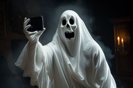 A comical ghost taking a selfie with a humorous expression, combining modern technology with a classic Halloween character. Generative AIの素材