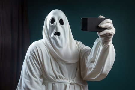 A comical ghost taking a selfie with a humorous expression, combining modern technology with a classic Halloween character. Generative AIの素材