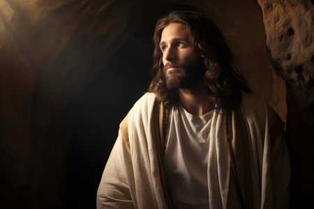 Resurrected Jesus Christ, standing beside the empty tomb, radiating grace and divinity. Generative Aiの素材