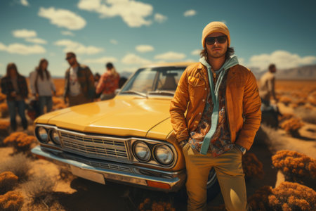 A group of young friends having a road trip, with a classic car and trendy outfits. Adventure and fun are guaranteed. Generative Aiの素材