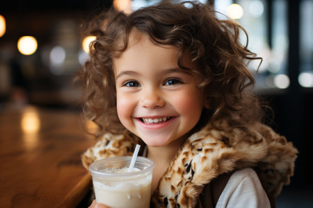 A close-up shot capturing the little girl's face with a playful milk mustache, showing the fun and innocence of childhood. Generative AIの素材