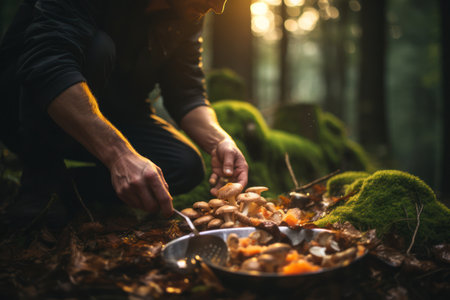 Person foraging for wild mushrooms in the Slovenian forests, highlighting the connection to nature in Slovenian cuisine. Generative Aiの素材
