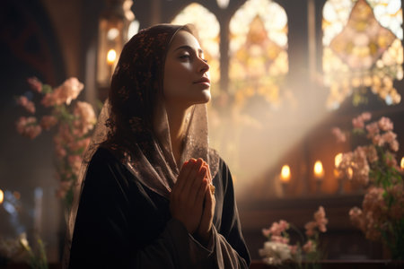 A Muslim woman engaged in prayer and reflection, capturing the spiritual aspect that holds importance in her daily life. Generative AIの素材