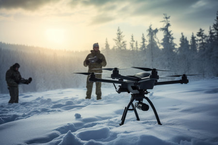 Military personnel operating drones for reconnaissance and surveillance in snowy terrain. Generative AIの素材