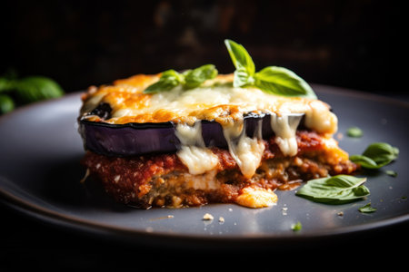 A golden and crispy slice of eggplant parmigiana served on a plate, showcasing its deliciously cheesy topping. Generative AIの素材