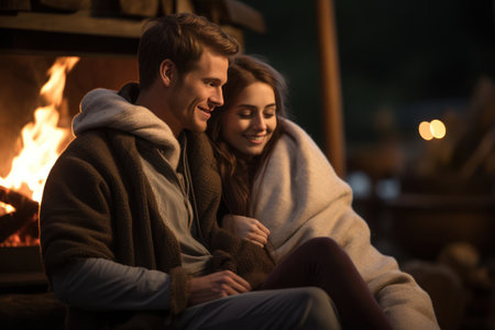 A couple snuggled up by a warm, crackling fire, wrapped in blankets and enjoying the autumn evening. Generative AIの素材