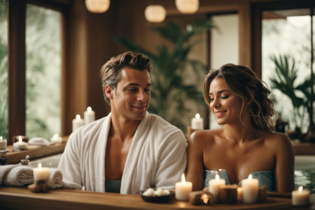 Caucasian couple enjoying a relaxing spa day with massages and treatments, emphasizing their bond and relaxation. Generative AIの素材
