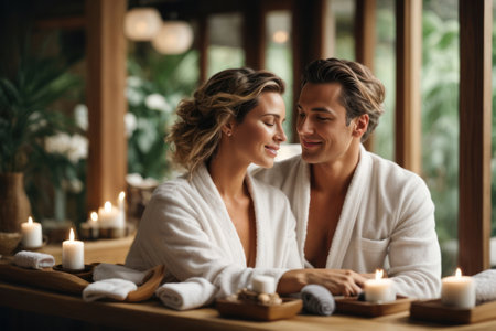 Caucasian couple enjoying a relaxing spa day with massages and treatments, emphasizing their bond and relaxation. Generative AIの素材