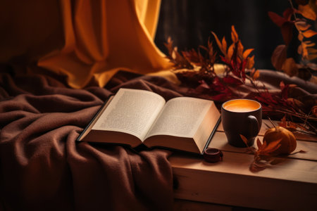 A cozy autumn setup with a blanket, hot drink, and open book, leaving space for inspirational quotes or product promotion. Generative Aiの素材