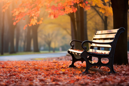 A park bench surrounded by vibrant fall foliage. Generative AIの素材