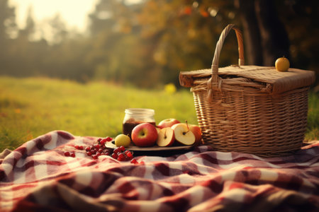 Autumn picnic scene with a checkered blanket, picnic basket, and fall fruits, leaving space for promotional or inspirational text. Generative Aiの素材