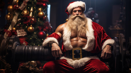 Santa Claus bodybuilder near a Christmas Tree. Generative Aiの素材