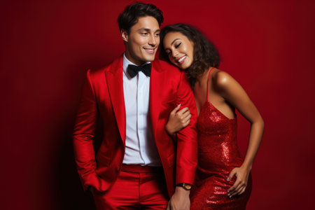 The couple in glamorous New Year's Eve attire, ready to celebrate the arrival of the new year in style on the solid red background. Generative AIの素材