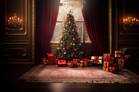 A beautifully adorned Christmas tree surrounded by neatly wrapped gifts, creating an ideal background for holiday-themed marketing or card designs. Generative Aiの素材