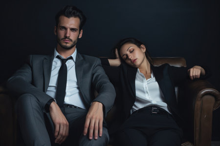 Bored couple in suit outfit posing in studio. Generative Aiの素材