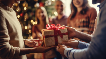 A family exchanging beautifully wrapped gifts in front of a festively decorated Christmas tree, capturing the essence of sharing and celebration. Generative Aiの素材