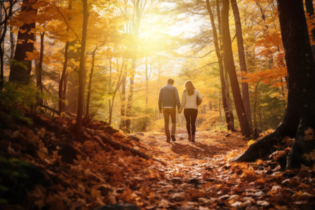Couple hiking on a forest trail covered in colorful leaves, highlighting their love for outdoor adventures. Generative Aiの素材