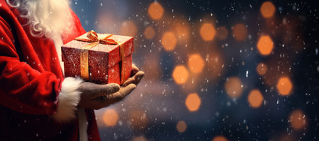 Santa Claus hand holding a gift box against a magical night background. Concept holiday banner. Generative Aiの素材