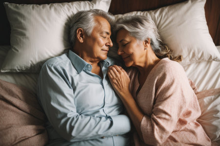 Top view of senior family couple sleeping together in bed. Generative Aiの素材