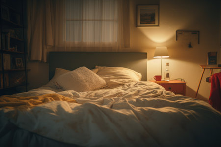 A serene bedroom scene with soft lighting, a neatly made bed, and a calm atmosphere, symbolizing a perfect sleep environment.Generative Aiの素材