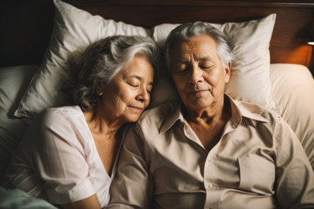 Top view of senior family couple sleeping together in bed. Generative Aiの素材