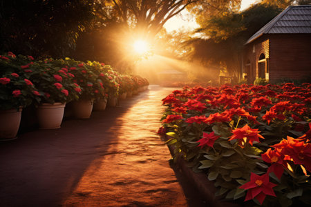 A poinsettia garden bathed in the warm glow of a holiday sunset. Generative Aiの素材
