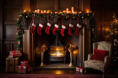 Beautifully decorated living room with a roaring fireplace, adorned with Christmas stockings and garlands. Generative Aiの素材