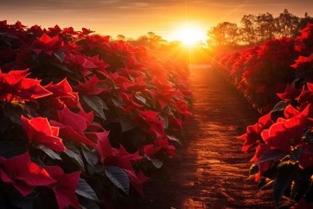 A poinsettia garden bathed in the warm glow of a holiday sunset. Generative Aiの素材