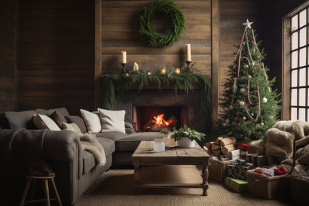 A living room with a rustic theme, featuring wooden accents, burlap stockings, and natural greenery as decorations. Ecological concept. Generative Aiの素材