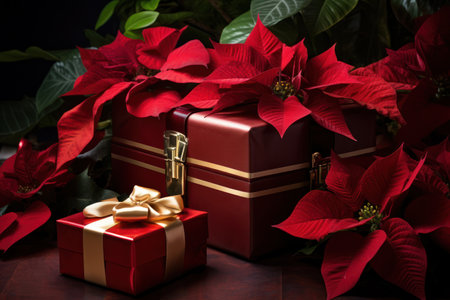 Visuals of poinsettia-themed gift wrapping ideas for the holiday season, incorporating the plant's beauty into presents. Generative AIの素材