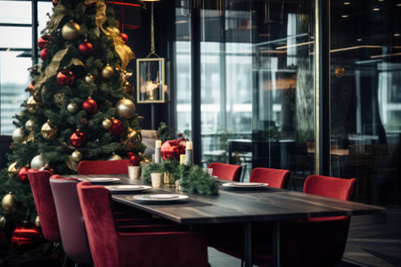 Festive atmosphere in a corporate office with Christmas banners and decorations. Generative AIの素材