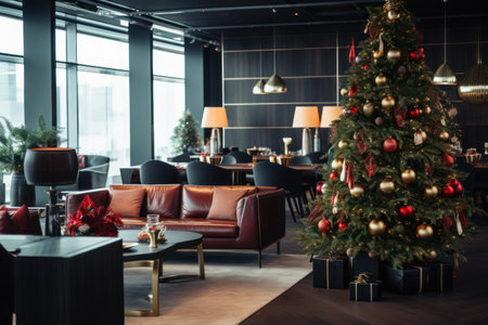 Festive atmosphere in a corporate office with Christmas banners and decorations. Generative AIの素材