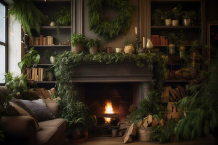 A living room with a rustic theme, featuring wooden accents, burlap stockings, and natural greenery as decorations. Ecological concept. Generative Aiの素材