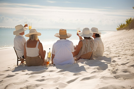 A group of friends lounging on a sandy beach, soaking up the sun, sipping cocktails and enjoying the ocean breeze. Concept of relaxation, fun and carefree enjoyment. Generative AIの素材