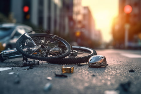 Urban scene with a bike crash road accident lying on the ground, with broken bike and helmet in the middle of the city. Bike crash road accident. Generative AIの素材