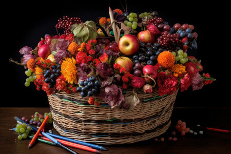A basket tipped precariously on its side, spilling out an avalanche of red and black fruits, colored pencils in complementary hues. Generative AIの素材