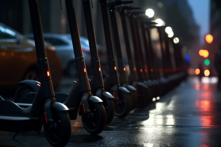 Row of modern eco electric city scooters parked in the city for sharing. Generative AIの素材