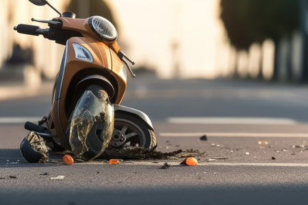 A scooter lays on the ground after being hit by a car in the middle of a city street. Road accident concept. Generative AIの素材