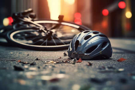 Urban scene with a bike crash road accident lying on the ground, with broken bike and helmet in the middle of the city. Bike crash road accident. Generative AIの素材