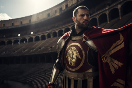 A Legionnaire holding a Roman flag high in the Colosseum, representing the might of the Roman Empire. Generative Aiの素材
