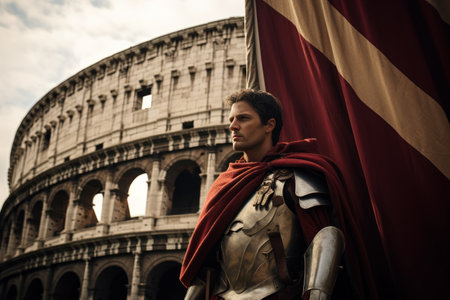 A Legionnaire holding a Roman flag high in the Colosseum, representing the might of the Roman Empire. Generative Aiの素材